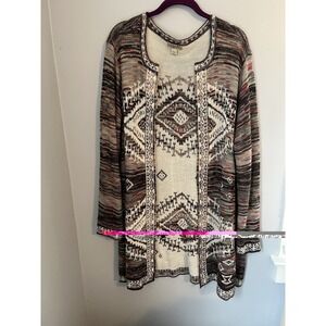 One World Women's 1X Sweater Cardigan Multicolor‎ Azteca Open Front Long Sleeve